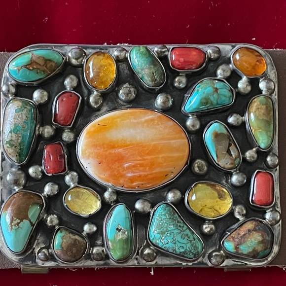 Spectacular Sterling Silver Concho Belt full of Turquoise, Coral, Amber and more - Picture 6 of 12